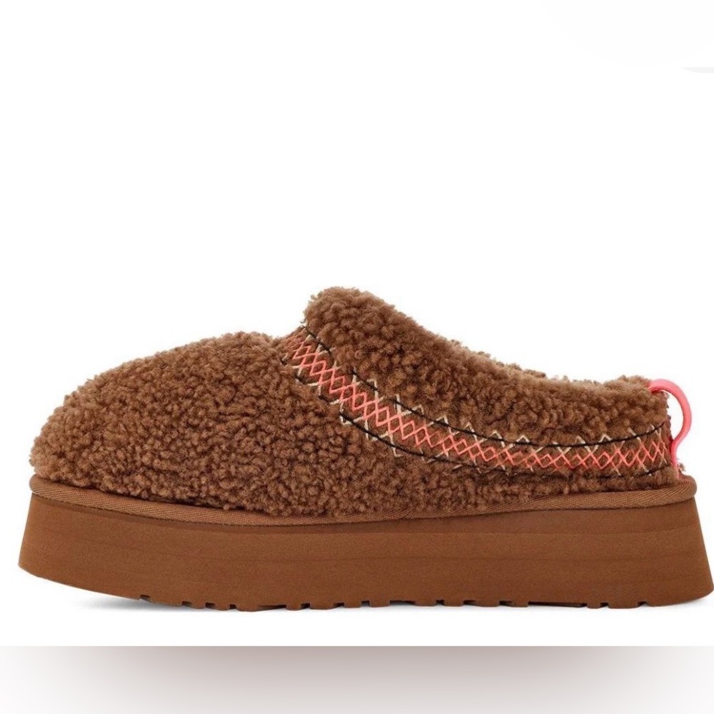 UGG Tazz Heritage Braid- Brown Shearling Mules with Pink Accents